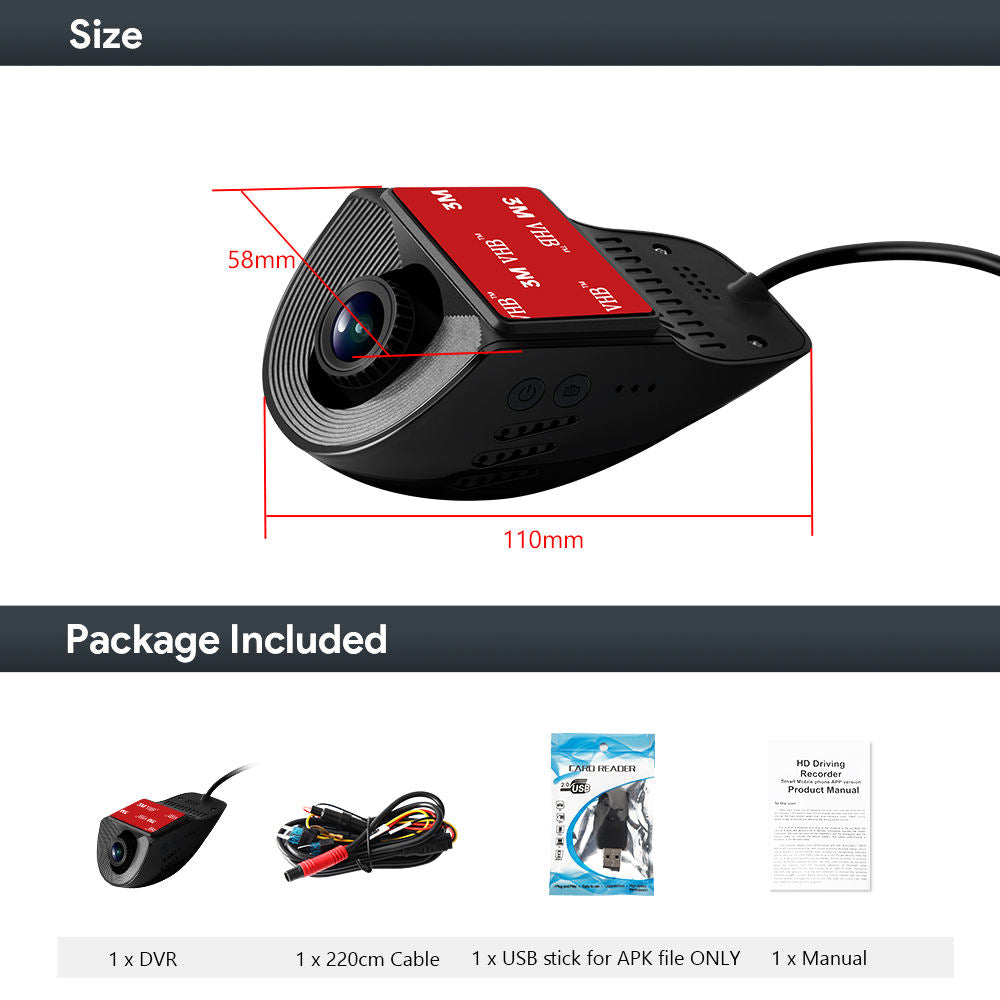 Compact dash cam housing dimensions, wiring harness, 3M sticker, and package contents list