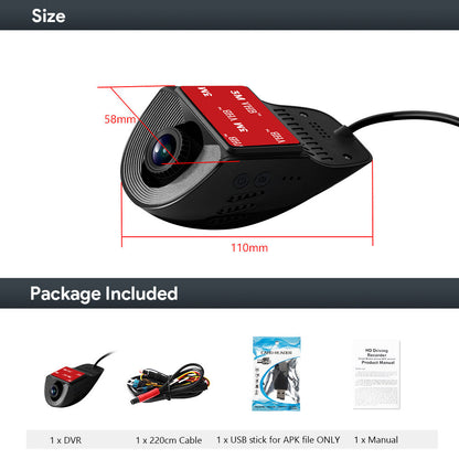 Compact dash cam housing dimensions, wiring harness, 3M sticker, and package contents list