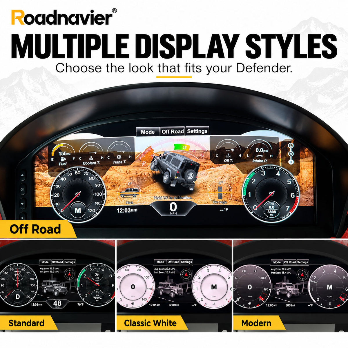 Land Rover Defender Puma digital instrument cluster with multiple display styles and off-road mode