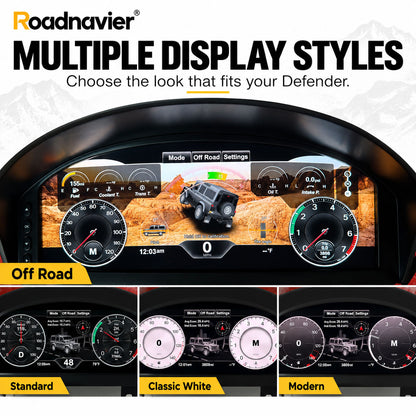 Land Rover Defender Puma digital instrument cluster with multiple display styles and off-road mode