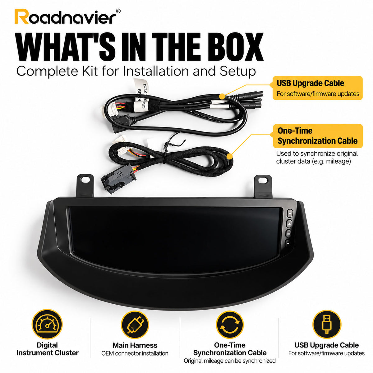 Land Rover Defender Puma digital instrument cluster installation kit with harness and synchronization cable
