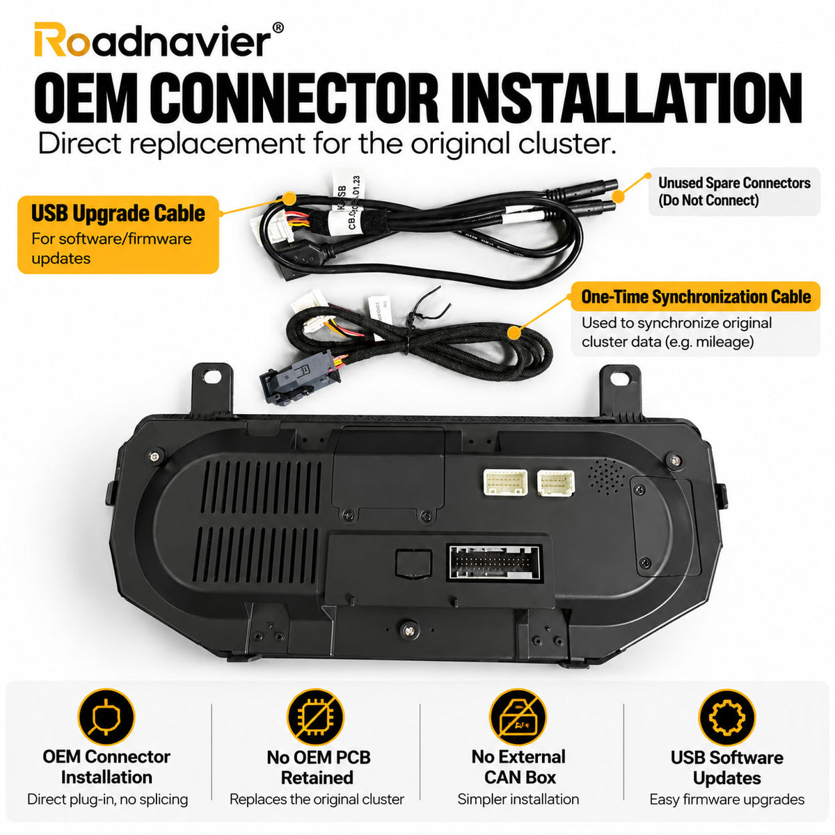 Land Rover Defender Puma digital cluster OEM connector installation with synchronization and USB upgrade cables