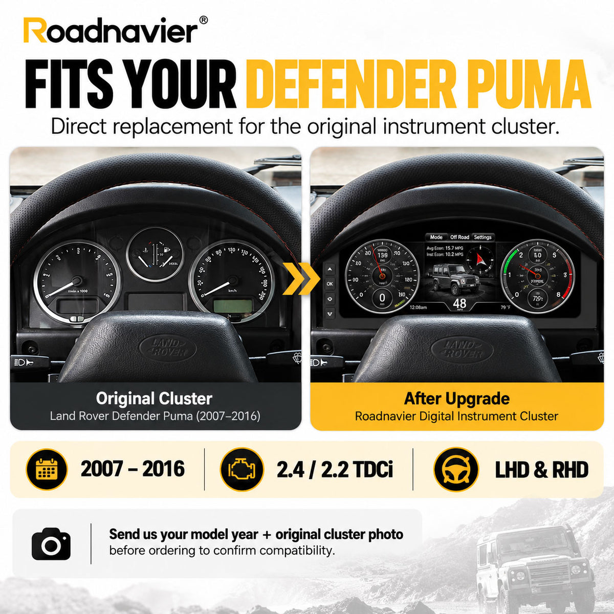 Land Rover Defender Puma 2007-2016 original instrument cluster vs Roadnavier digital cluster upgrade