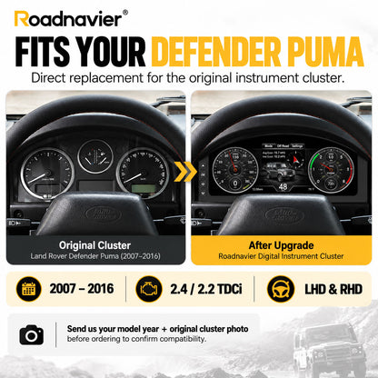 Land Rover Defender Puma 2007-2016 original instrument cluster vs Roadnavier digital cluster upgrade