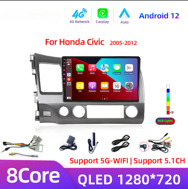 10" Android 12 Carplay Car Stereo Radio for Honda Civic 8 2005 - 2012 Multimedia Player Navigation GPS 2 Din 4G Audio DVD