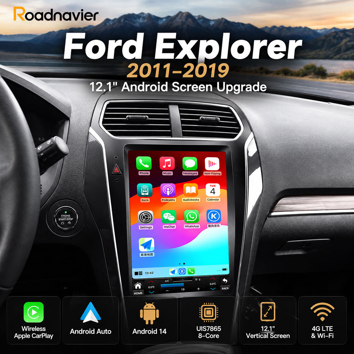 Ford Explorer 2011–2019 12.1-inch Android screen upgrade with wireless Apple CarPlay and Android Auto