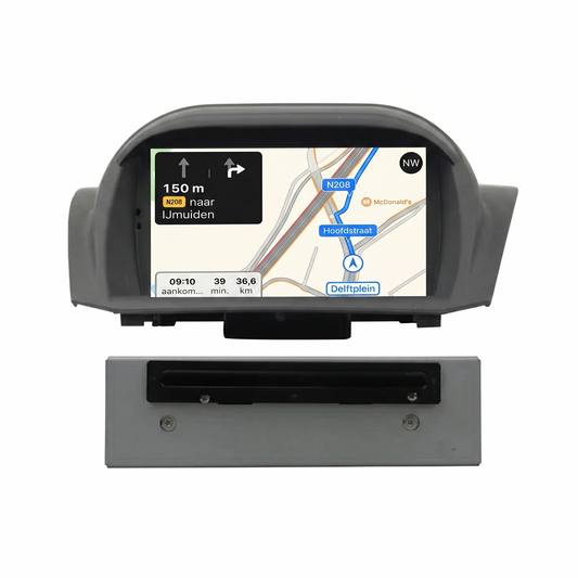 Ford Fiesta Android head unit display showing GPS navigation map and separate optical DVD player mechanism