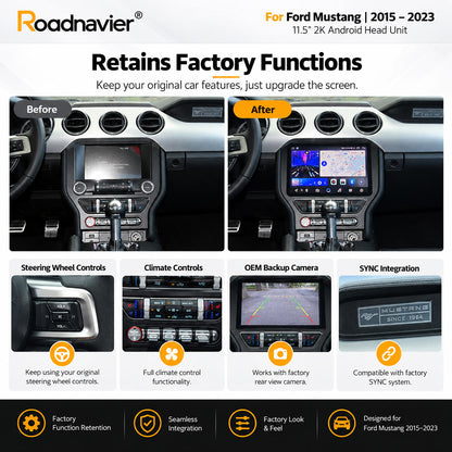 Ford Mustang Android screen retaining steering wheel controls climate controls backup camera and SYNC integration