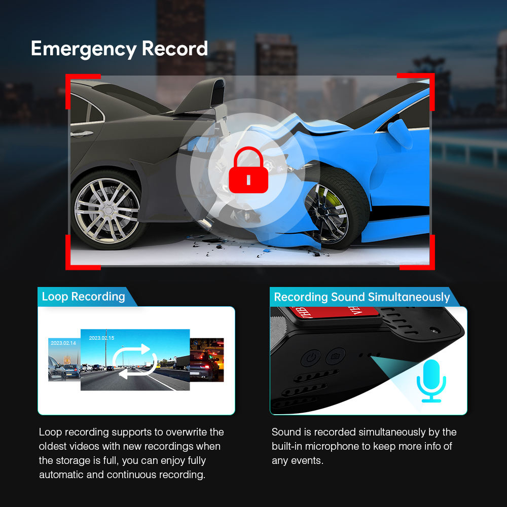 Automatic G-sensor emergency collision file lock, loop recording, and built-in microphone recording for car DVR