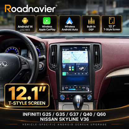 Roadnavier 12.1-inch Android screen for Infiniti G25 G35 G37 Q40 Q60 and Nissan Skyline V36 with wireless CarPlay and Android Auto