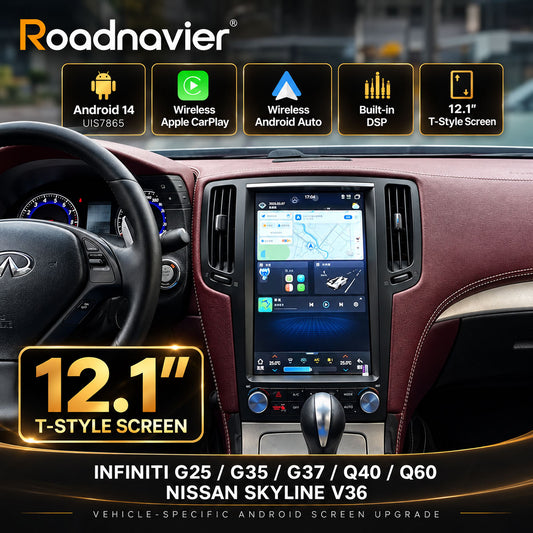 Roadnavier 12.1-inch Android screen for Infiniti G25 G35 G37 Q40 Q60 and Nissan Skyline V36 with wireless CarPlay and Android Auto