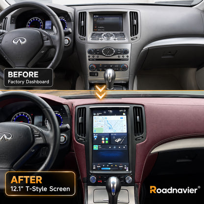Infiniti G37 factory dashboard before and after upgrading to a Roadnavier 12.1-inch T-style Android screen