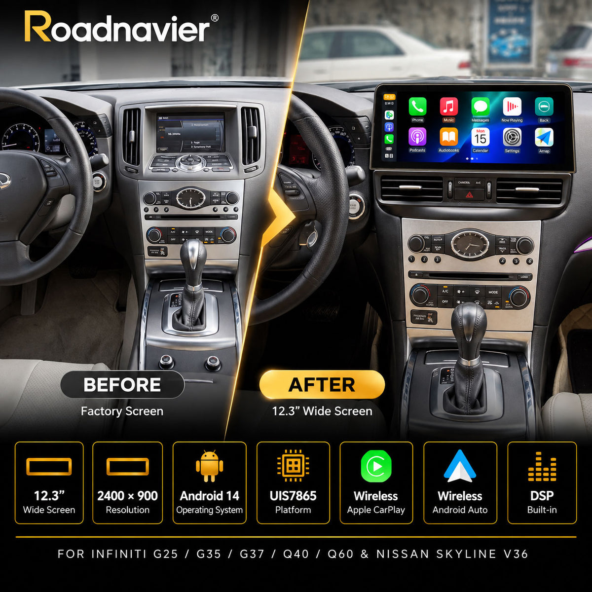 Infiniti G37 factory dashboard before and after upgrading to a Roadnavier 12.3-inch Android screen