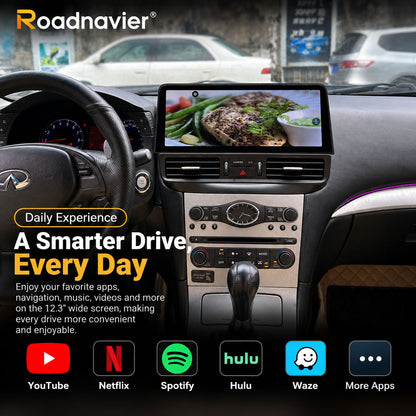 Infiniti G37 12.3-inch Android screen for everyday driving with YouTube, Netflix, Spotify, Hulu and Waze apps