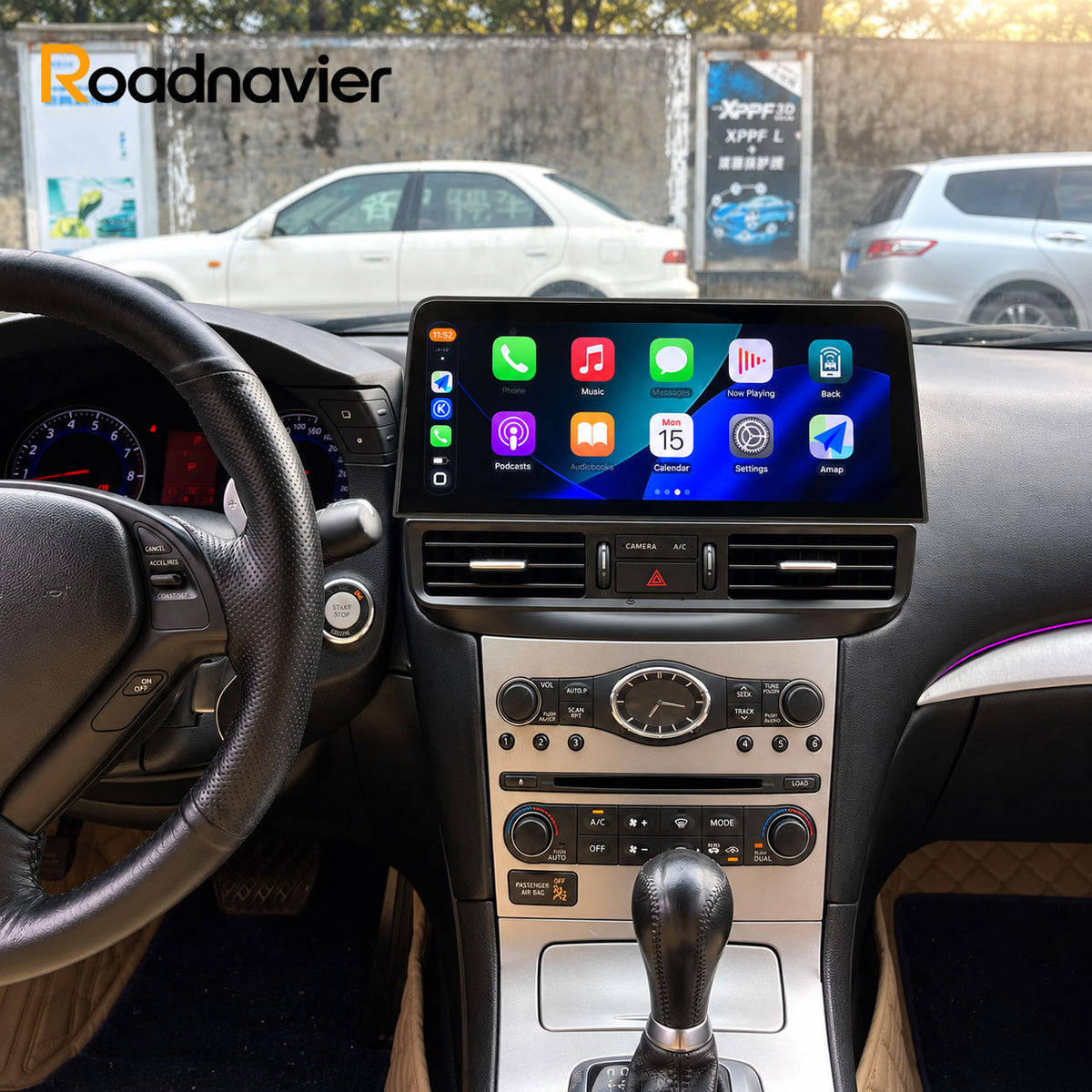 Roadnavier 12.3-inch Android screen installed in Infiniti G37 with wireless Apple CarPlay