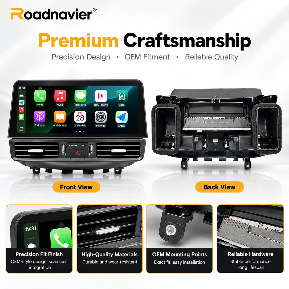 Roadnavier 12.3-inch Android screen for Infiniti G37 showing front and rear construction and premium craftsmanship