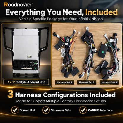 Roadnavier Infiniti G37 12.1-inch Android screen with three vehicle-specific harness configurations and CANBUS interface included