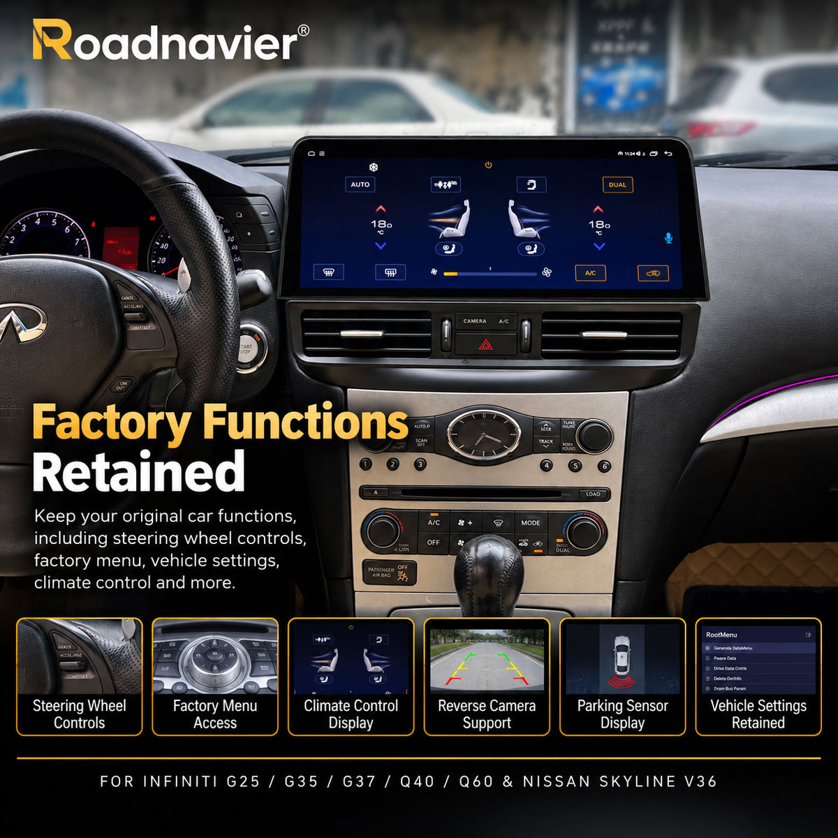 Infiniti G37 Android screen retaining factory camera, steering wheel controls, climate control and factory sound system