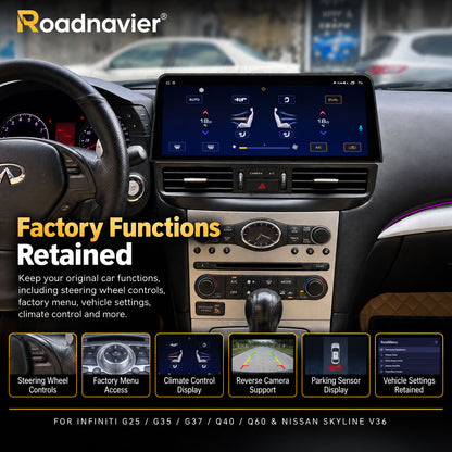 Infiniti G37 Android screen retaining factory camera, steering wheel controls, climate control and factory sound system