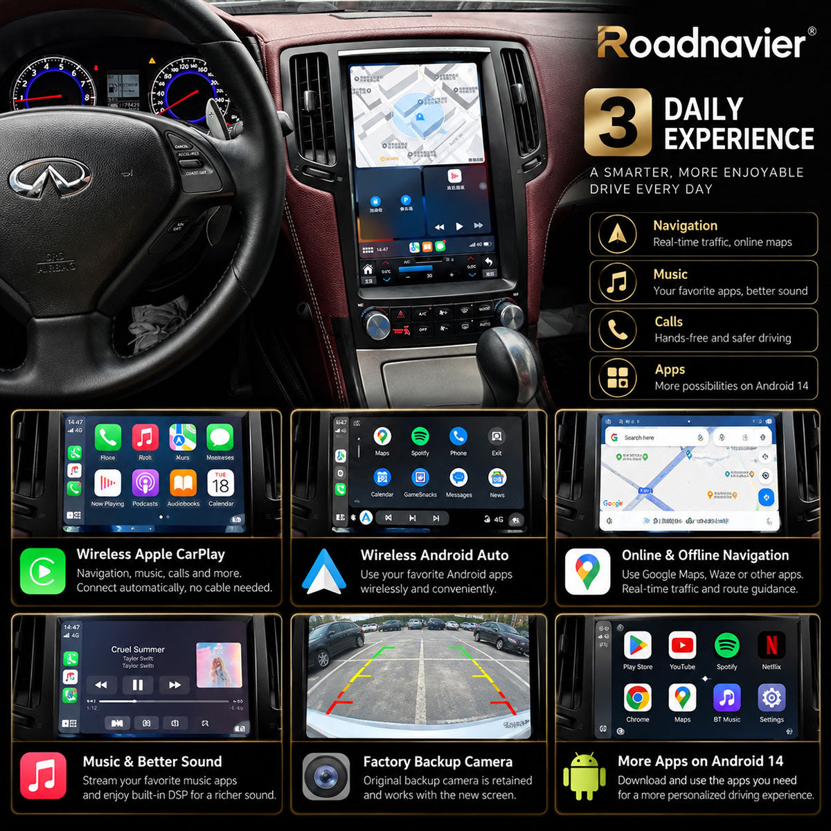Infiniti G37 12.1-inch Android screen with wireless CarPlay, Android Auto, navigation, music, apps and backup camera