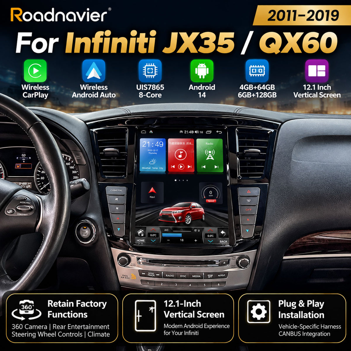Infiniti JX35 QX60 2011-2019 12.1 inch Android 14 head unit with wireless CarPlay and Android Auto