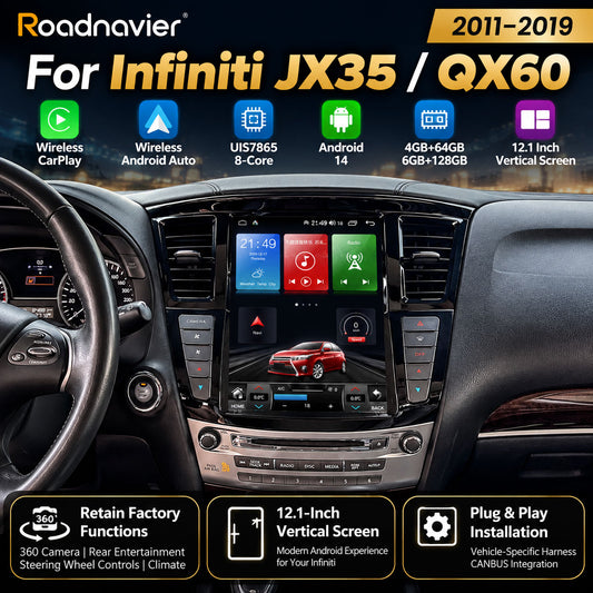 Infiniti JX35 QX60 2011-2019 12.1 inch Android 14 head unit with wireless CarPlay and Android Auto