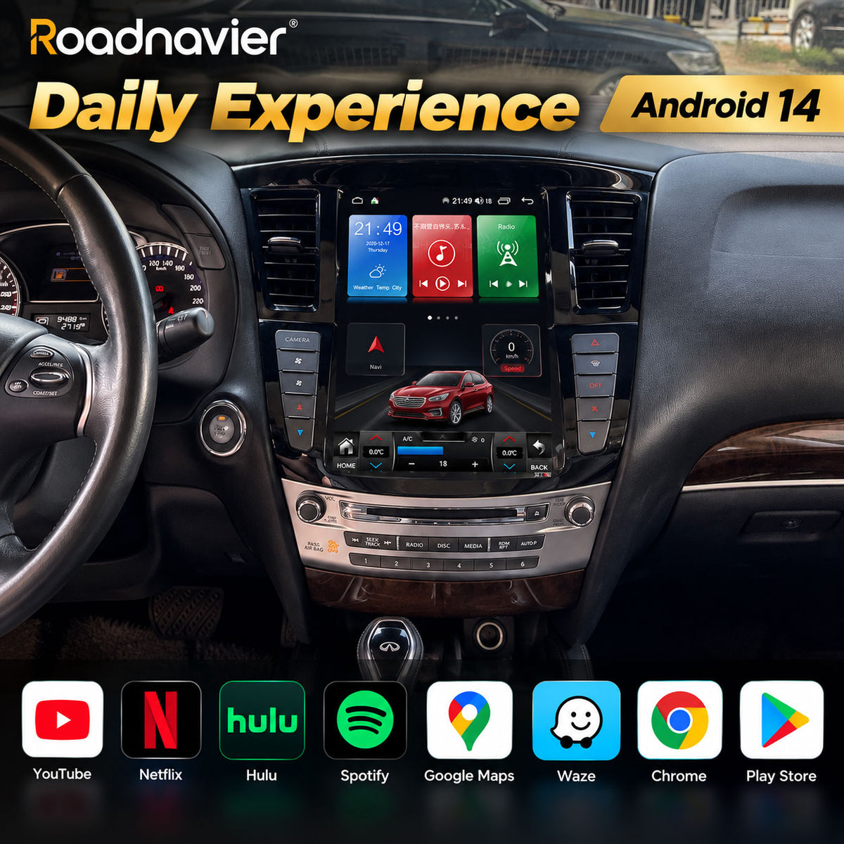 Infiniti JX35 QX60 Android 14 head unit with YouTube Netflix Hulu Spotify Google Maps Waze and other apps