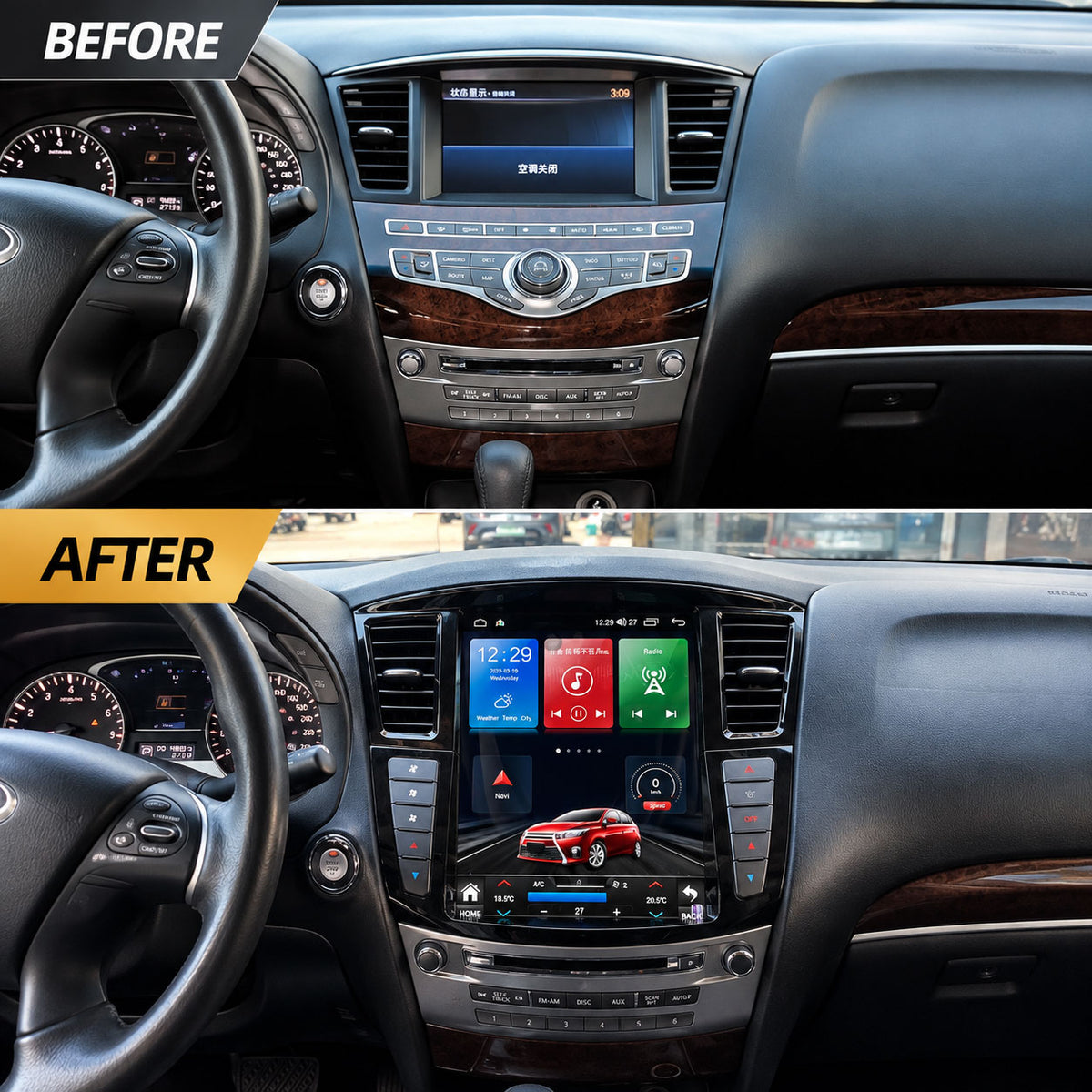 Infiniti JX35 QX60 before and after 12.1 inch Android head unit upgrade
