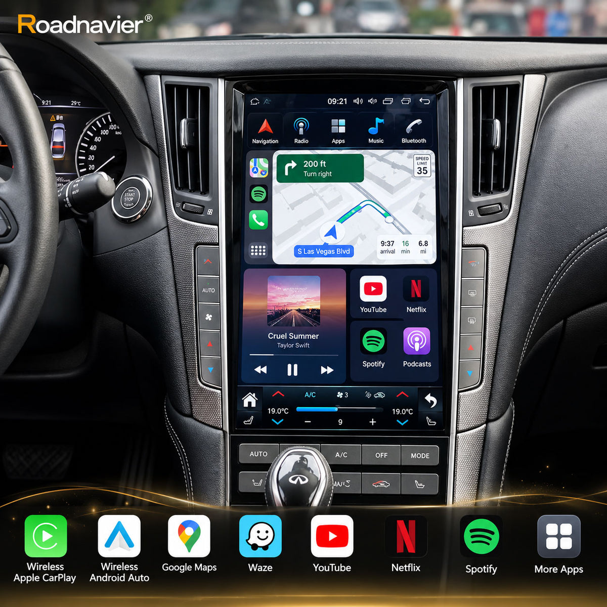 Infiniti Q50 Q60 12.1 inch Android screen with wireless CarPlay and daily apps