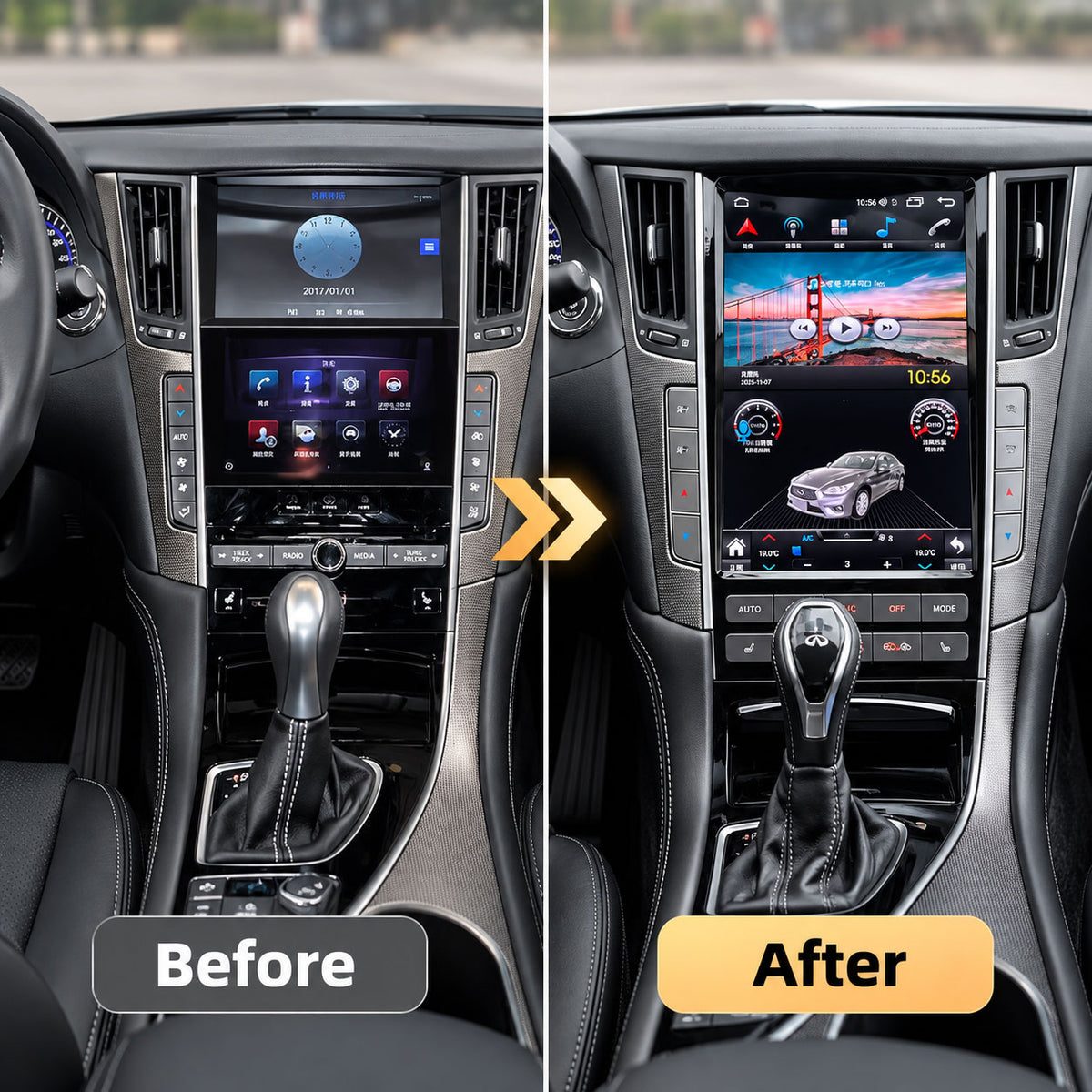 Infiniti Q50 Q60 factory screen before and after 12.1 inch Android screen upgrade
