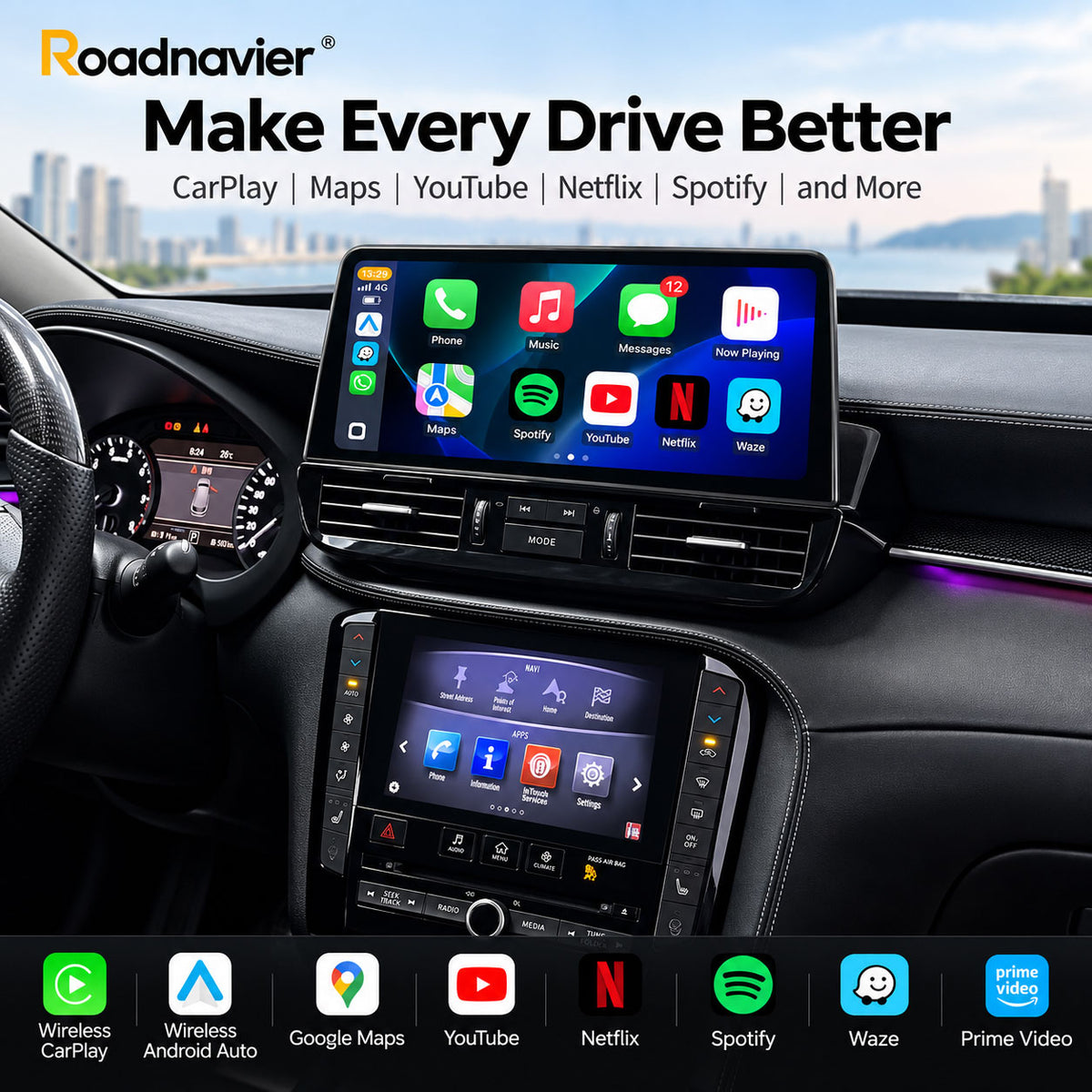 Infiniti QX50 QX55 screen with wireless CarPlay Android Auto Google Maps YouTube Netflix and Spotify