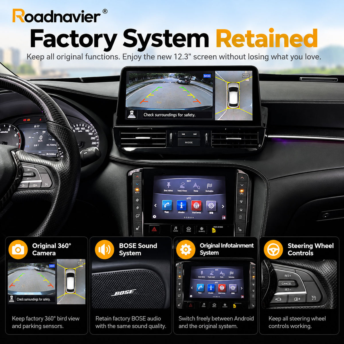 retained.jpg	Infiniti QX50 QX55 Android screen upgrade retaining factory 360 camera BOSE and original system