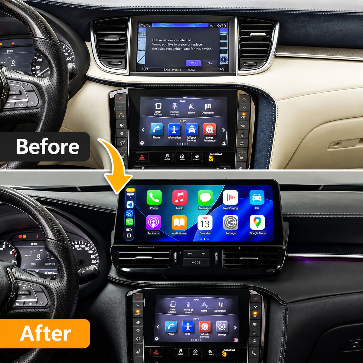Infiniti QX50 QX55 factory screen before and after 12.3 inch Android upgrade