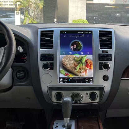 Infiniti QX56 Tesla style Android head unit displaying HD video playback on 12.1 inch vertical screen