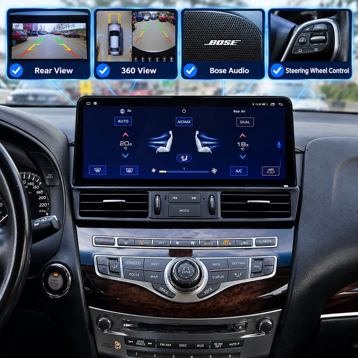 Infiniti QX60 JX35 Android screen upgrade retaining factory rear camera 360 camera BOSE and steering wheel controls