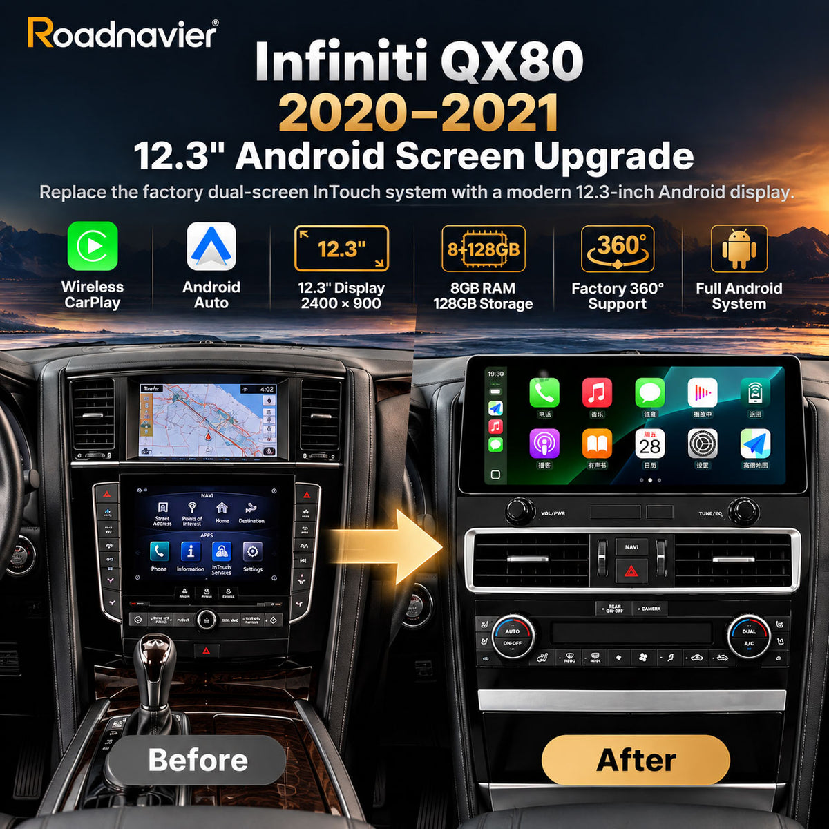 Infiniti QX80 2020–2021 factory dual-screen to 12.3-inch Android screen upgrade with wireless CarPlay