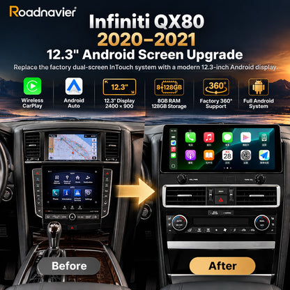 Infiniti QX80 2020–2021 factory dual-screen to 12.3-inch Android screen upgrade with wireless CarPlay