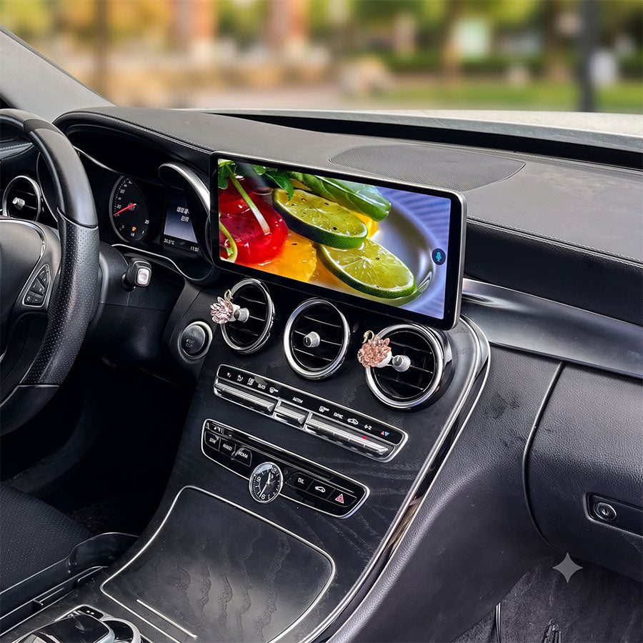 OEM-style 12.3-inch widescreen upgrade fitment in Mercedes-Benz C-Class W205 interior console