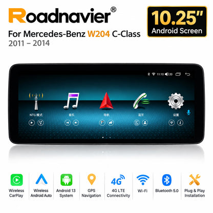 10.25 inch Android screen for Mercedes-Benz W204 with CarPlay Android Auto GPS 4G Wi-Fi and Bluetooth