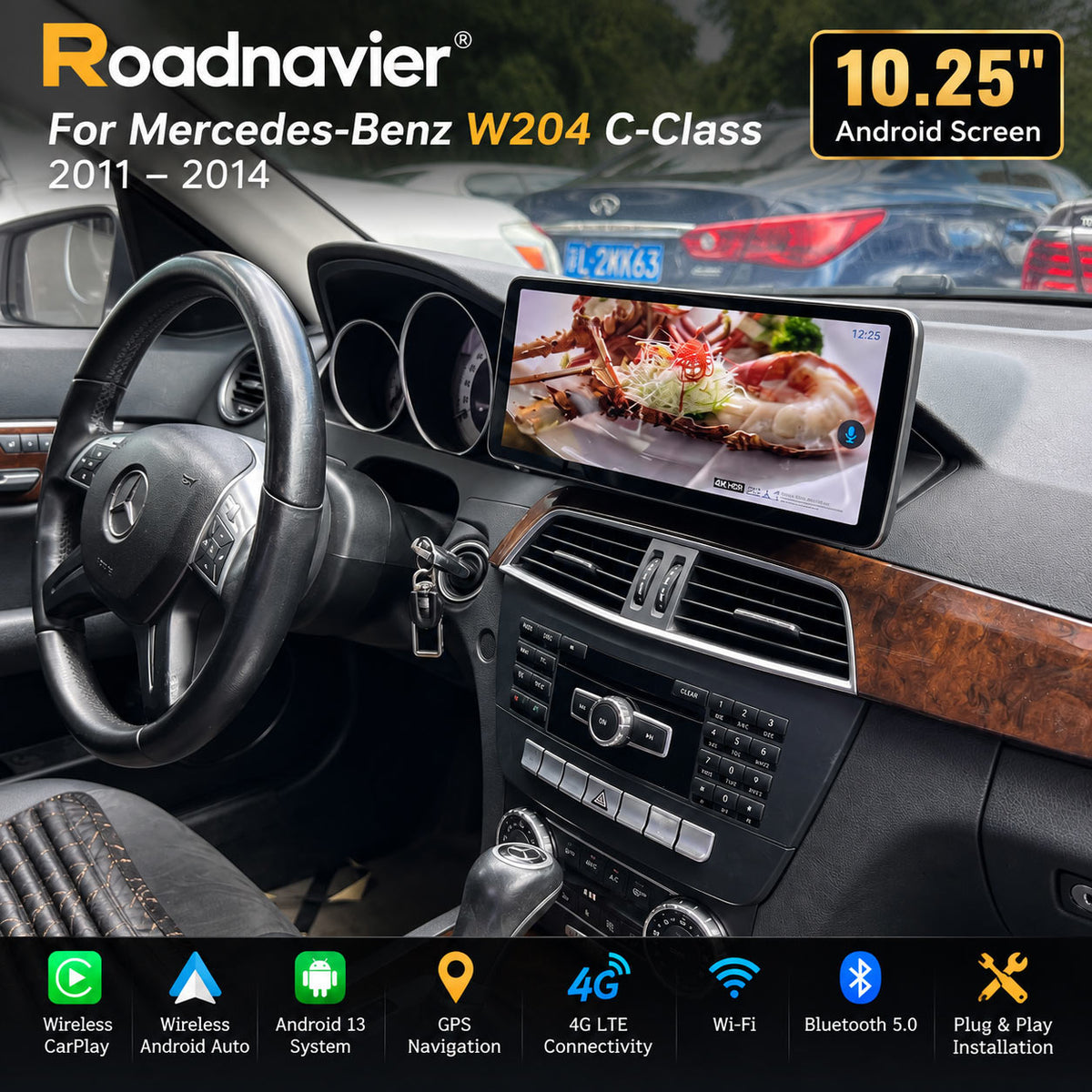 10.25 inch Android screen installed in Mercedes-Benz W204 C-Class factory dashboard