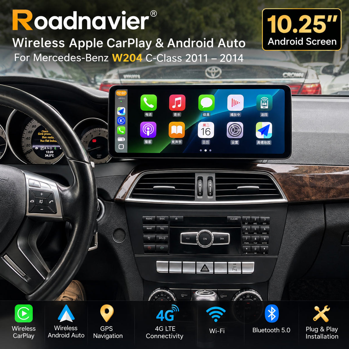 Mercedes-Benz W204 10.25 inch screen with wireless Apple CarPlay and Android Auto