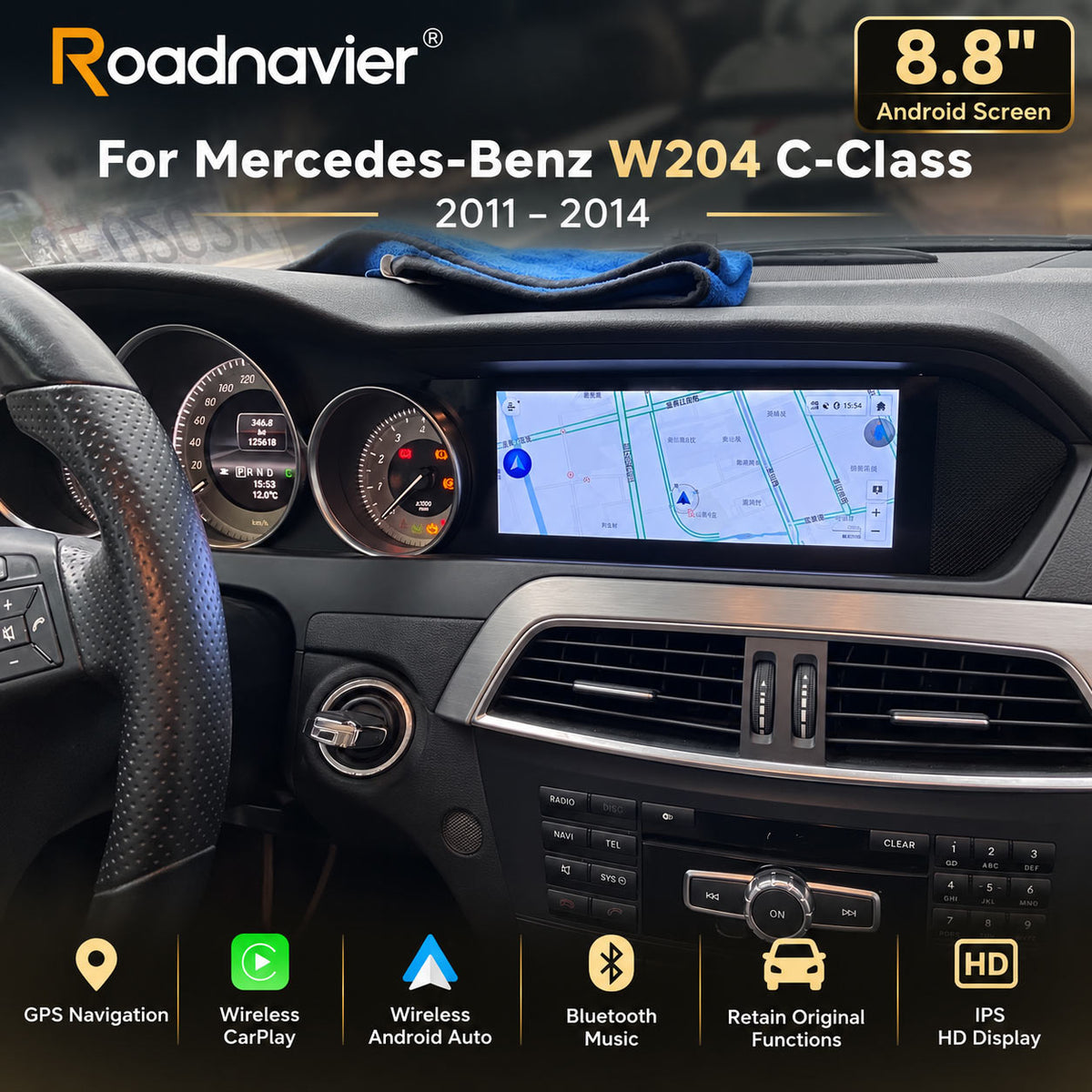 Mercedes-Benz W204 C-Class 8.8 inch Android screen with GPS navigation