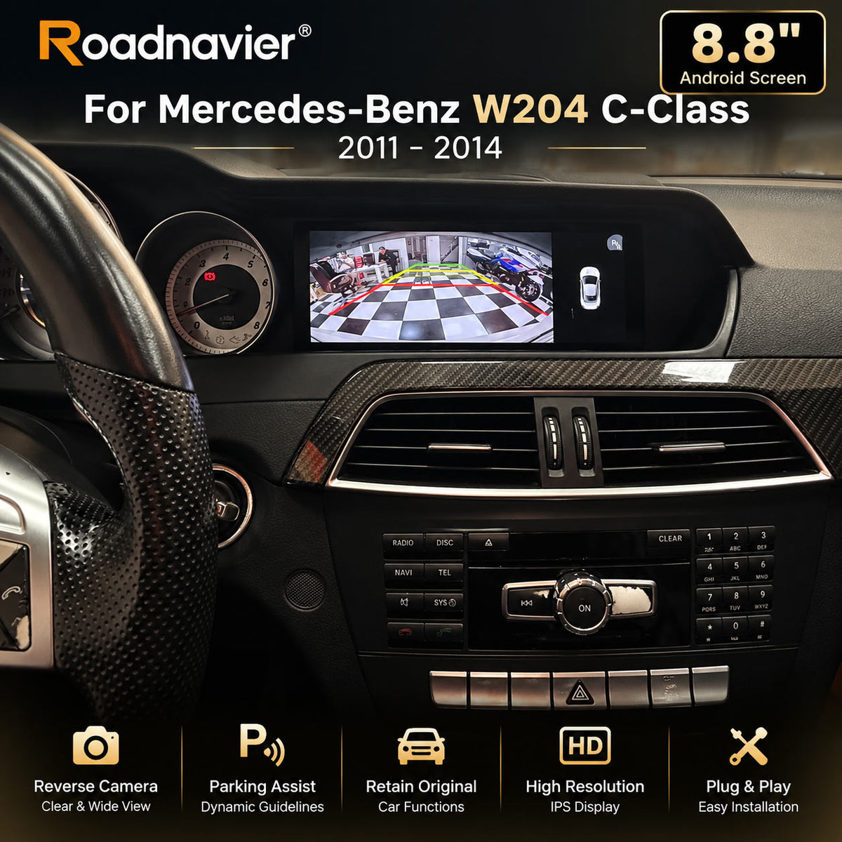 Mercedes-Benz W204 C-Class Android screen displaying reverse camera with parking guidelines