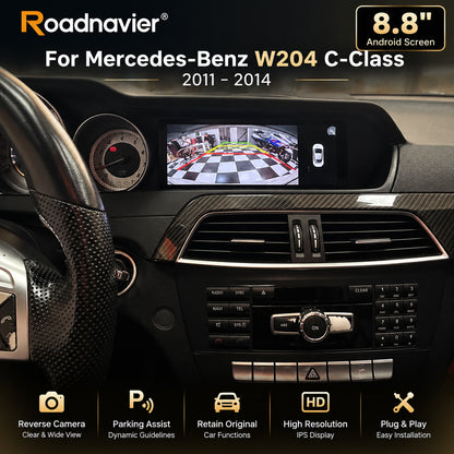 Mercedes-Benz W204 C-Class Android screen displaying reverse camera with parking guidelines