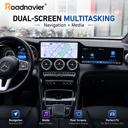 Mercedes-Benz W205 X253 dual-screen Android system with navigation and media multitasking
