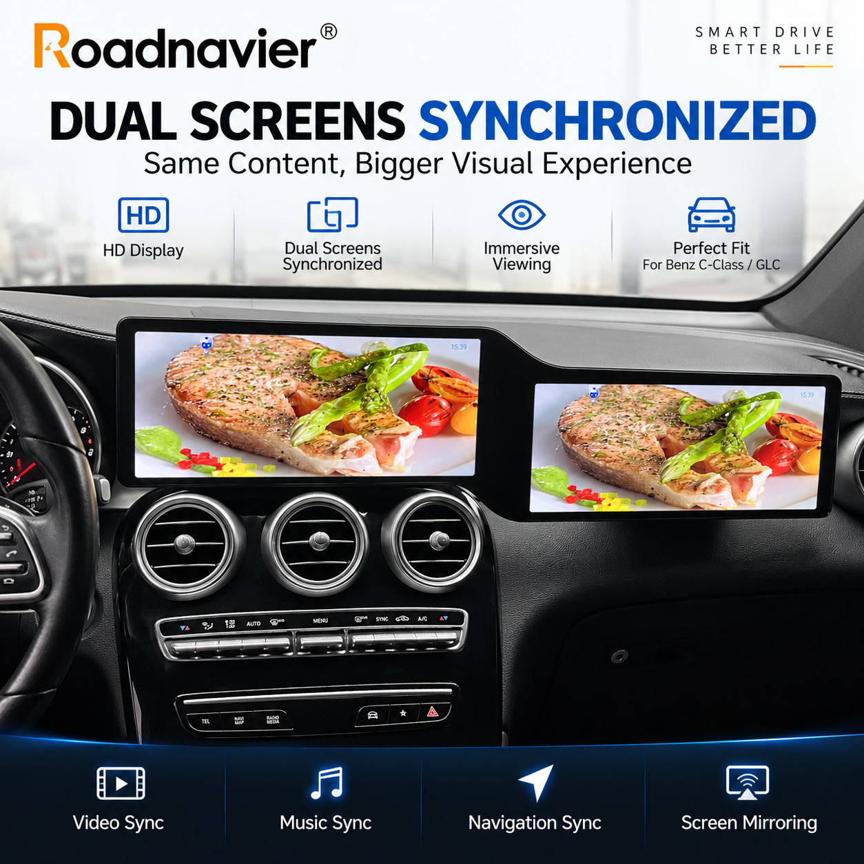 Mercedes-Benz W205 X253 dual-screen Android upgrade showing synchronized displays