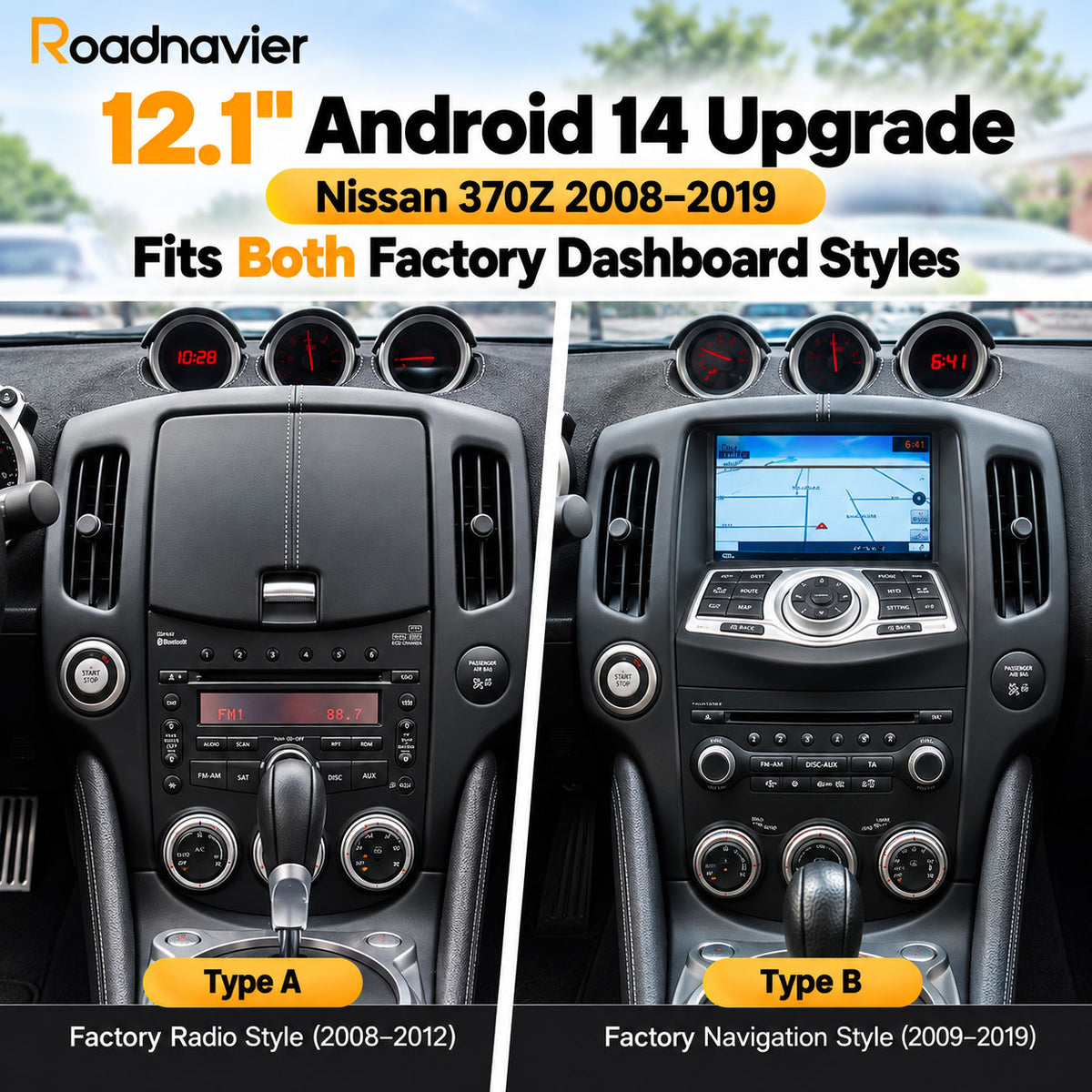 Nissan 370Z 12.1 inch Android head unit fits both factory dashboard styles