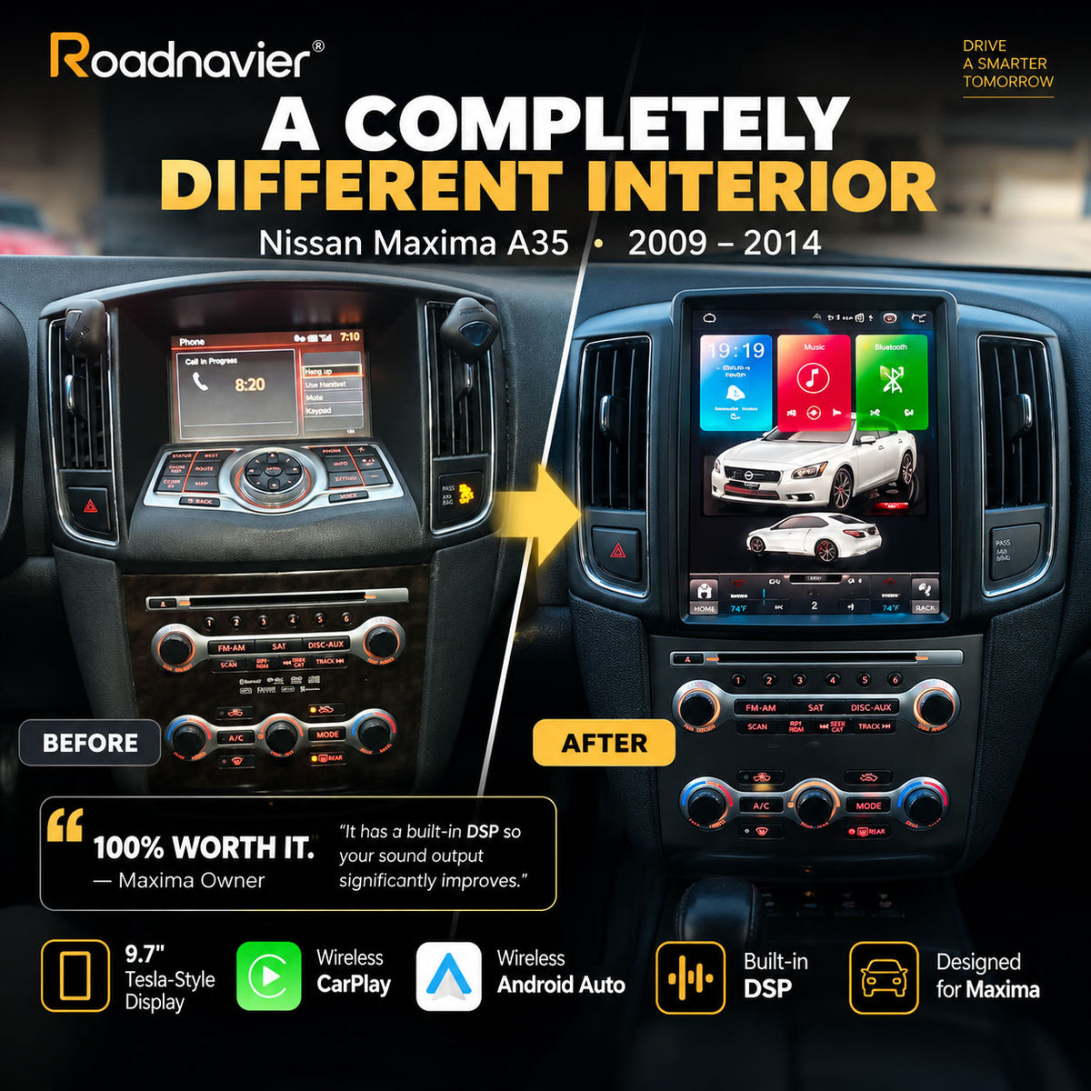 Nissan Maxima A35 2009-2014 interior before and after 9.7 inch Android screen upgrade