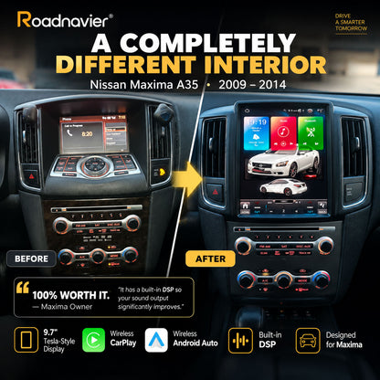 Nissan Maxima A35 2009-2014 interior before and after 9.7 inch Android screen upgrade