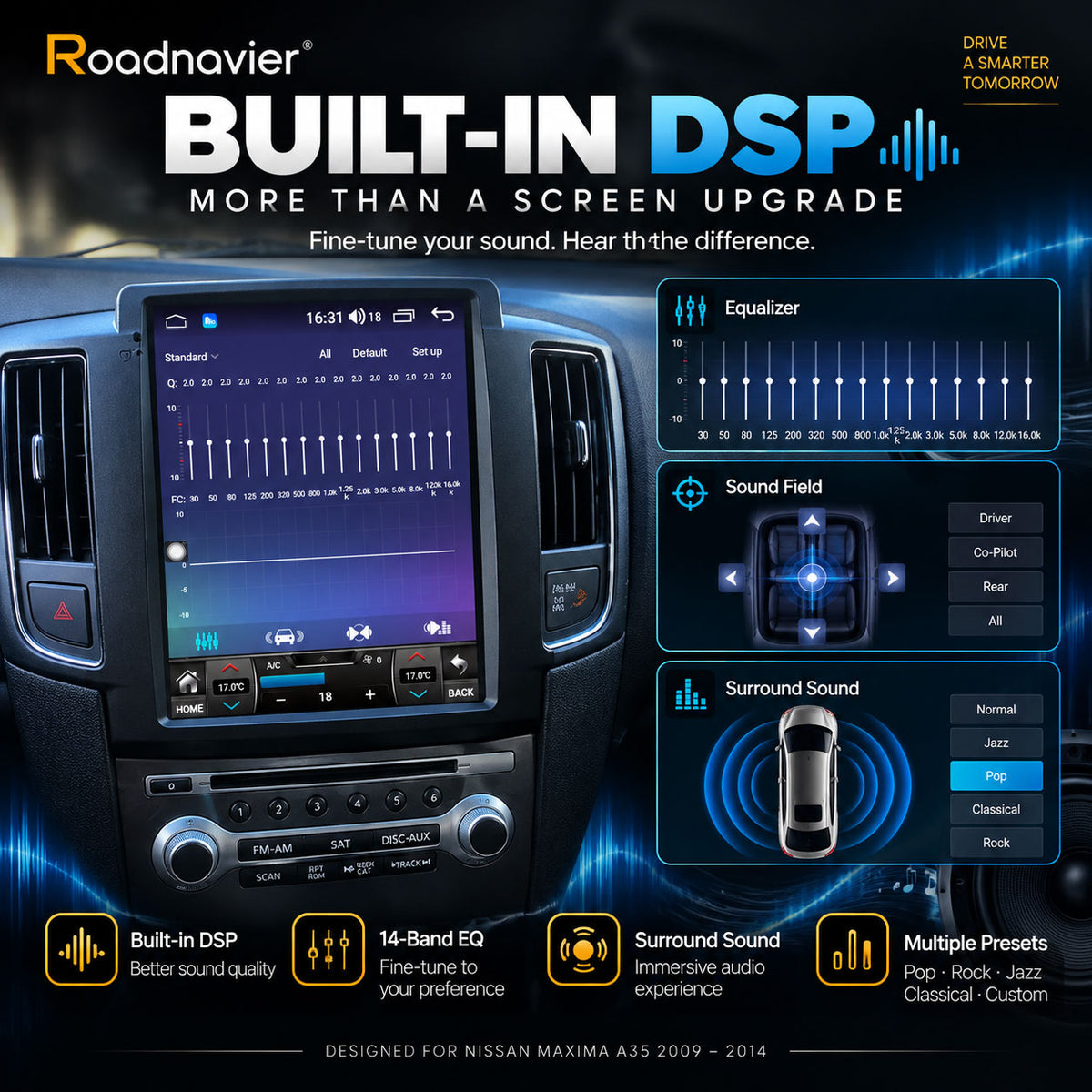 Nissan Maxima A35 2009-2014 Android screen with built-in DSP audio equalizer